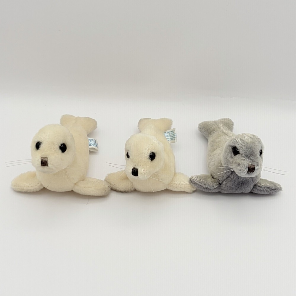 Dakin Mohair Seal Plush Figures Set Of 3 Gray White Baby Seals